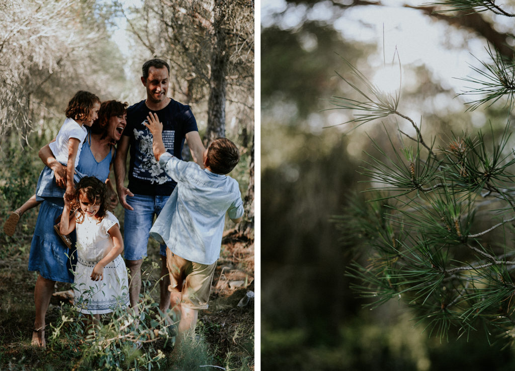 Famille en train de rire et plan rapproche d'une branche de pin