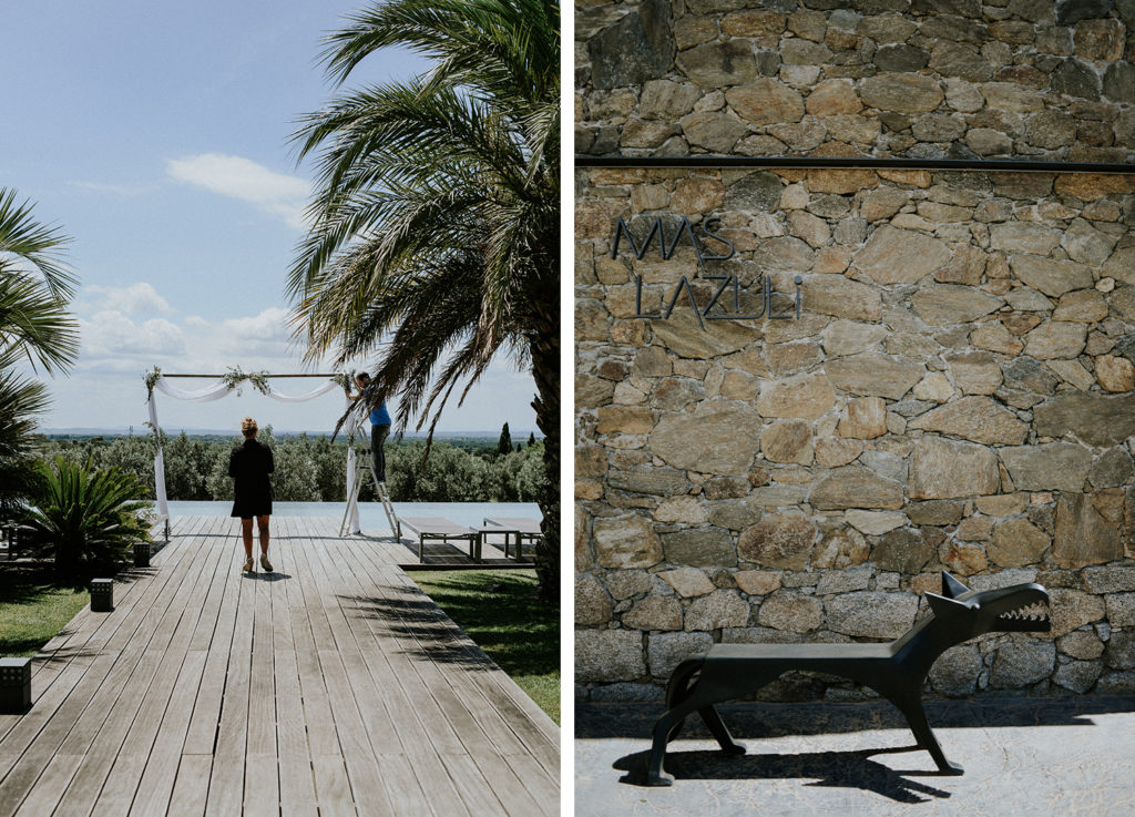 Femme préparant une arche de mariage et sculpture d'un loup en fer à l'hotel mas lazuli