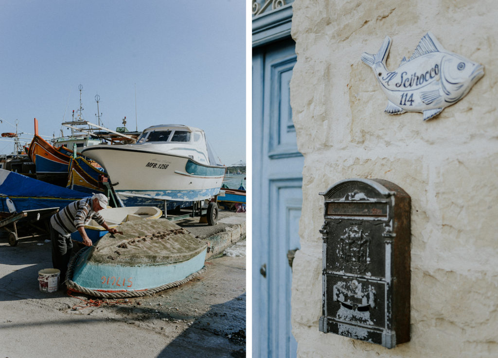 Homme nettoyant son bateau - Boîte aux lettres maltaise - Marsaxlokk