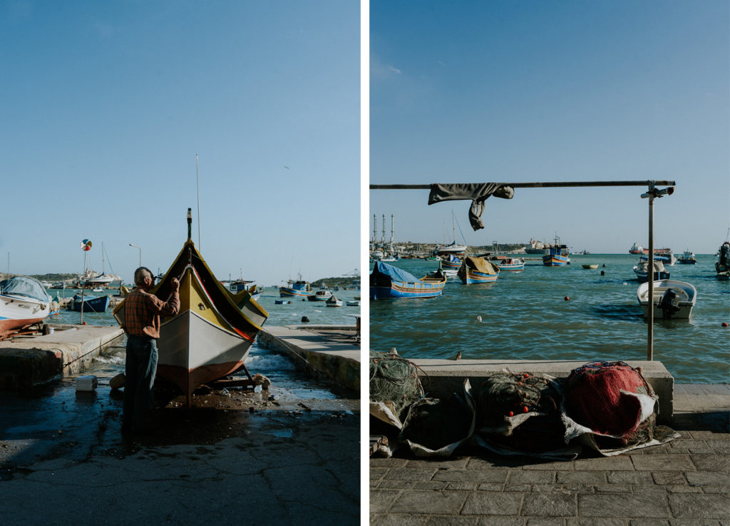 Homme repeignant son bateau- Marsaxlokk - Malte